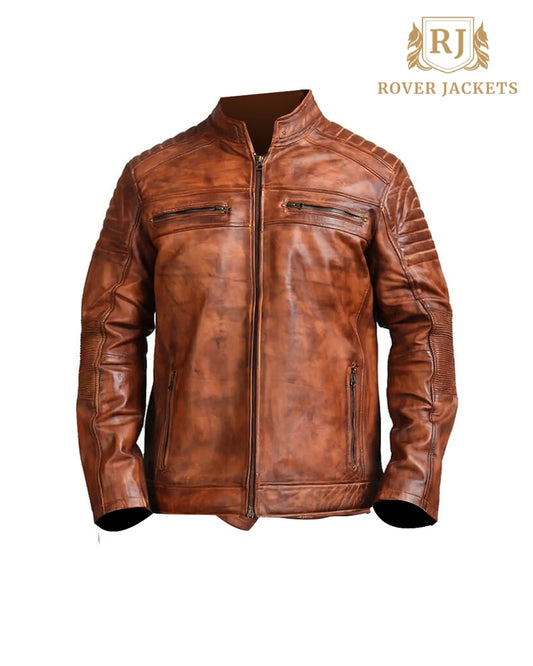 Men's Handmade Distressed Vintage Waxed Cafe Racer Leather Jacket