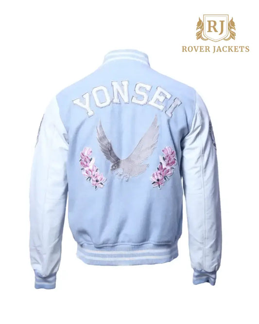 Men's Light Blue Varsity Jacket with White Sleeves - Classic Letterman Jacket