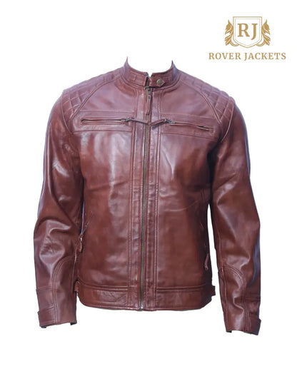 Men's Premium Brown Leather Jacket - Stylish Motorcycle Jacket with Quilted Shoulders