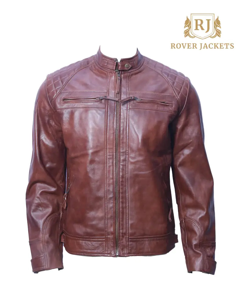 Men's Premium Brown Leather Jacket - Stylish Motorcycle Jacket with Quilted Shoulders