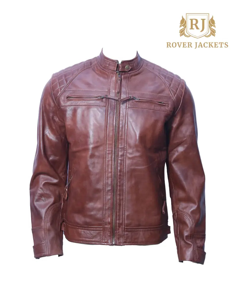 Men's Premium Brown Leather Jacket - Stylish Motorcycle Jacket with Quilted Shoulders