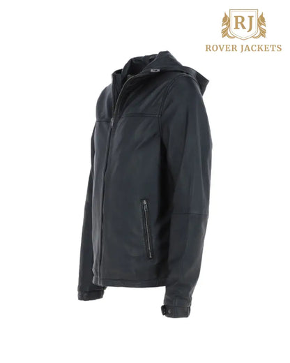 Mens AMJ-6 Black Leather Hodded Jacket