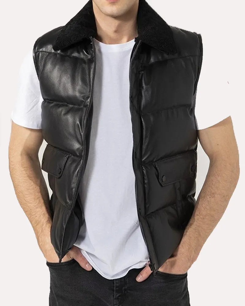 Leather Puffer Vest For Mens Black Shearling Collar