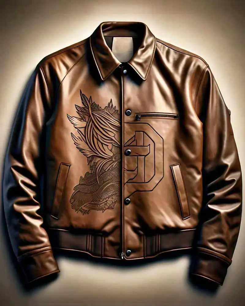 Men's Brown Leather Jacket with Embroidered Dragon