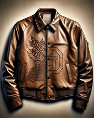 Men's Brown Leather Jacket with Embroidered Dragon