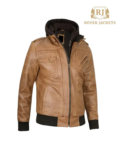 Mens Camel Brown Leather Jacket with Removable Hood