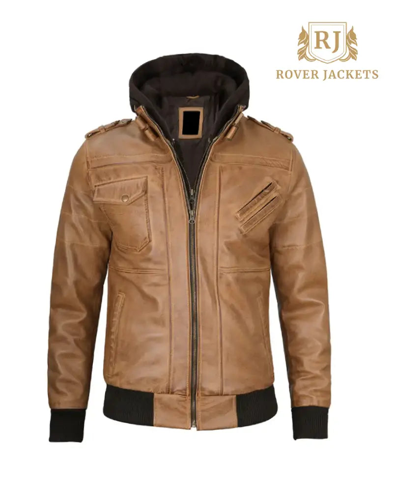 Mens Camel Brown Leather Jacket with Removable Hood