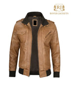 Mens Camel Brown Leather Jacket with Removable Hood