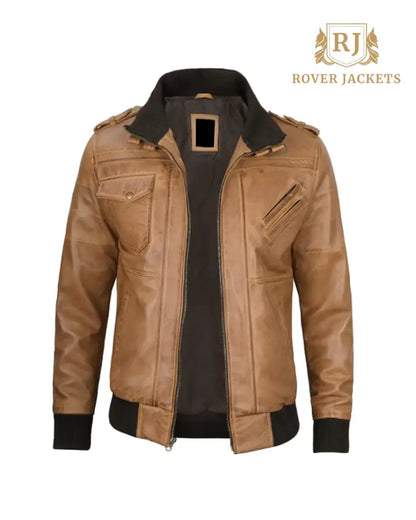 Mens Camel Brown Leather Jacket with Removable Hood