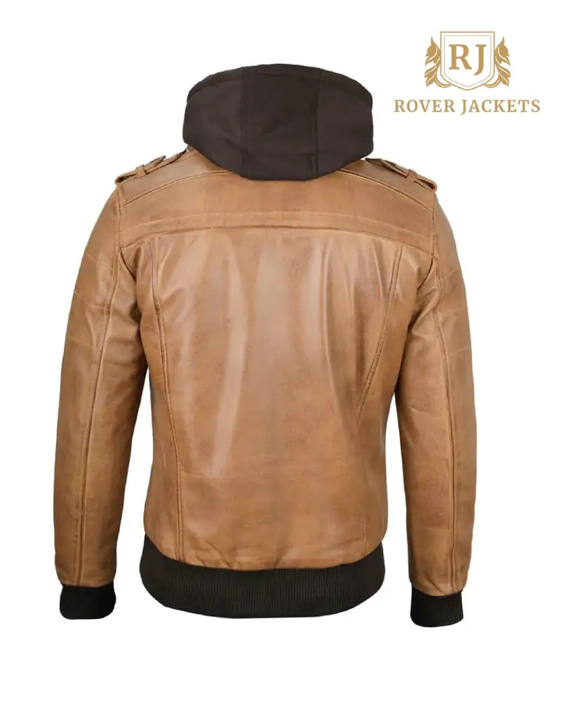 Mens Camel Brown Leather Jacket with Removable Hood