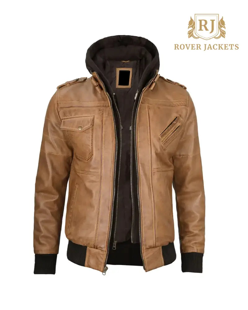 Mens Camel Brown Leather Jacket with Removable Hood