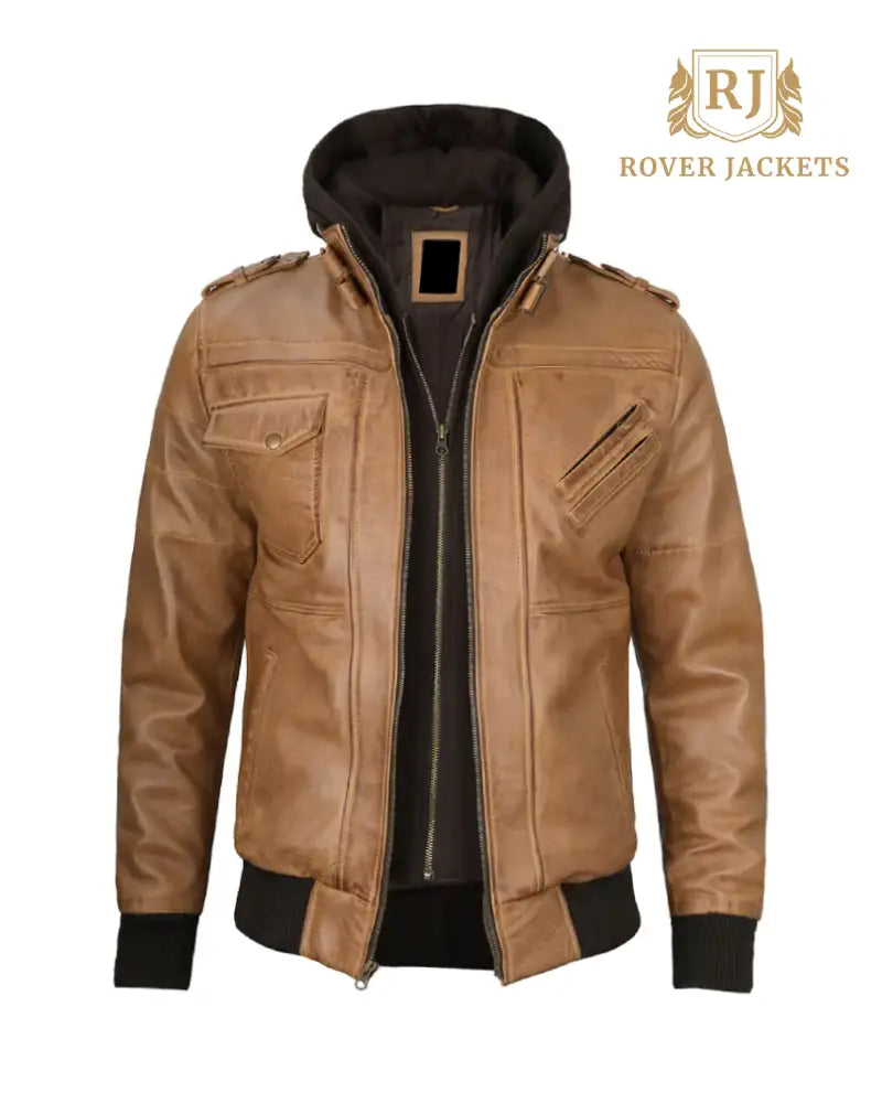 Mens Camel Brown Leather Jacket with Removable Hood