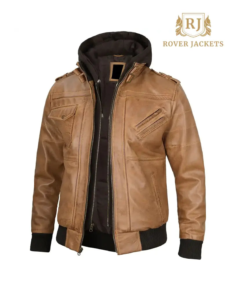 Mens Camel Brown Leather Jacket with Removable Hood