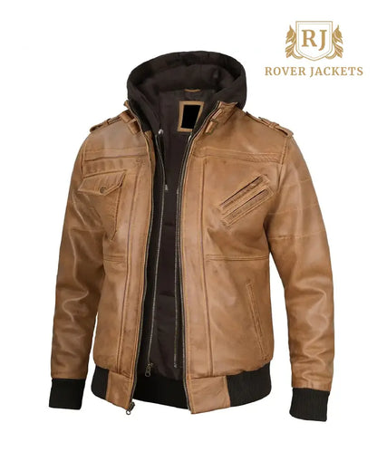 Mens Camel Brown Leather Jacket with Removable Hood