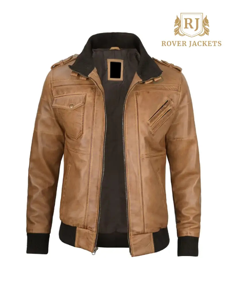 Mens Camel Brown Leather Jacket with Removable Hood