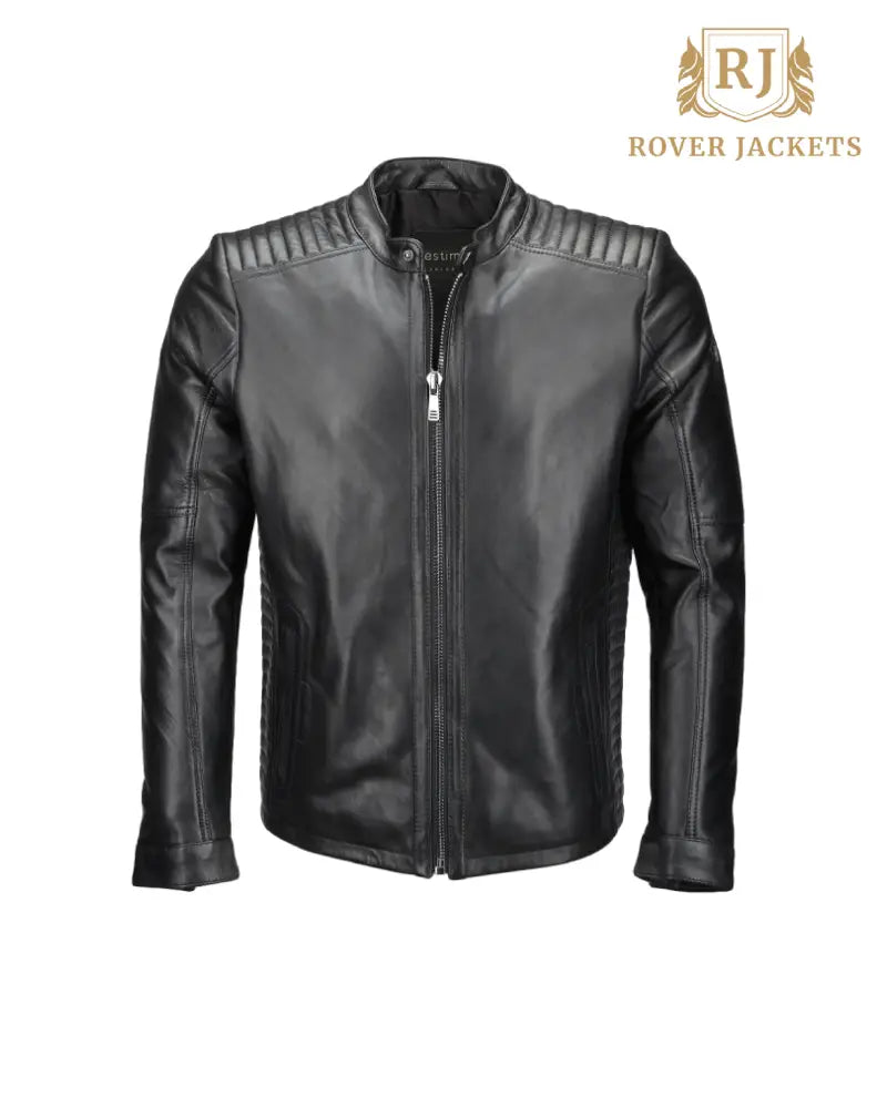 Mens Colburn Vegetable Tanned Leather Ribbed Biker Jacket Black