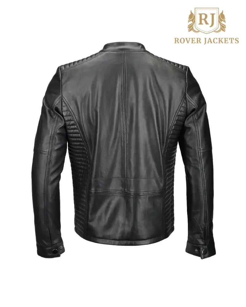 Mens Colburn Vegetable Tanned Leather Ribbed Biker Jacket Black