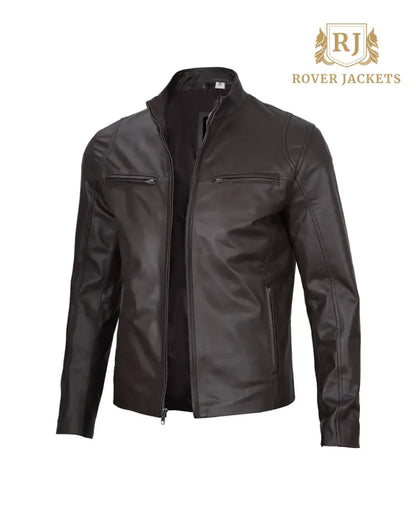 Mens Dark Brown Cowhide Cafe Racer Leather Jacket