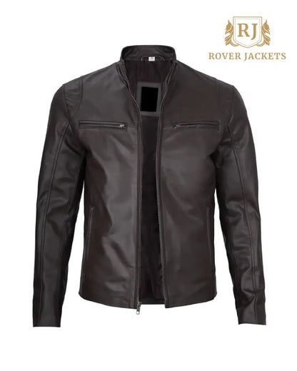 Mens Dark Brown Cowhide Cafe Racer Leather Jacket