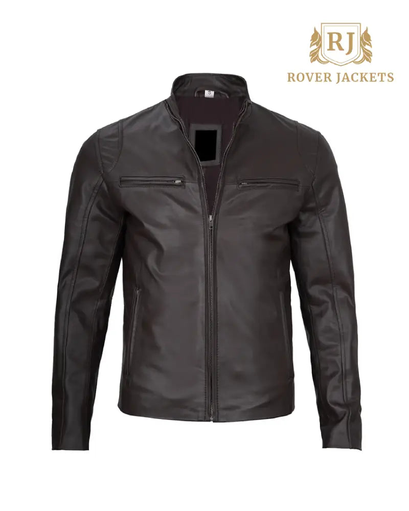 Mens Dark Brown Cowhide Cafe Racer Leather Jacket