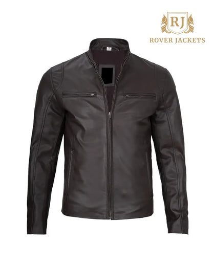 Mens Dark Brown Cowhide Cafe Racer Leather Jacket