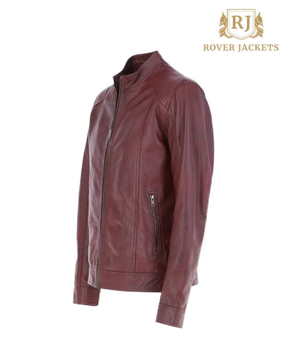 Mens Hard Knott Burgundy Leather Biker Jacket