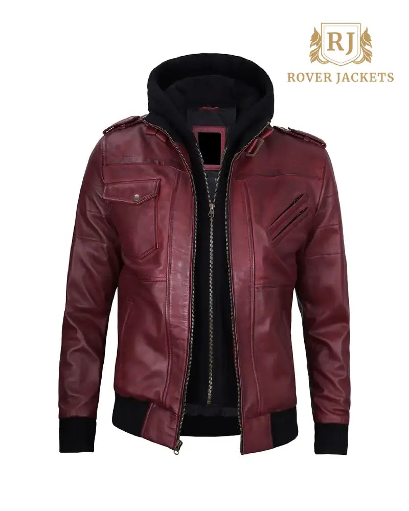 Mens Maroon Leather Jacket with Removable Hood