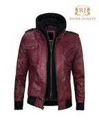 Mens Maroon Leather Jacket with Removable Hood