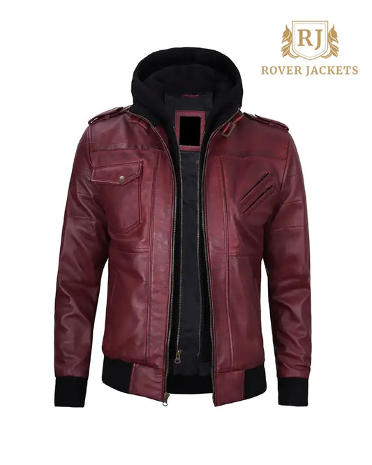 Mens Maroon Leather Jacket with Removable Hood