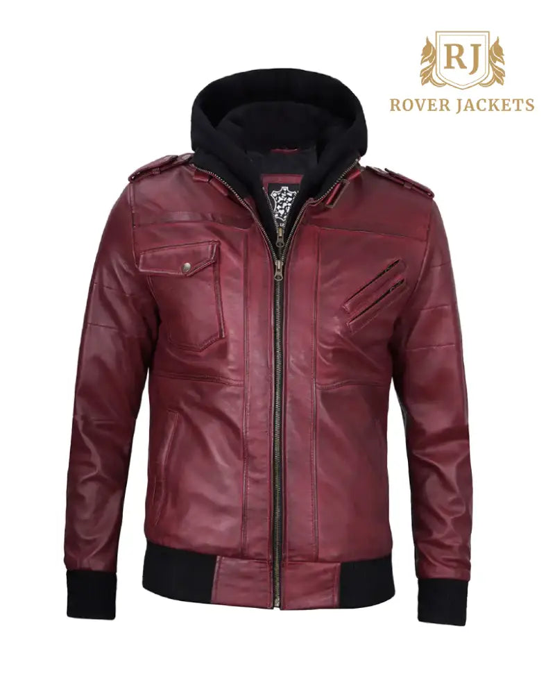 Mens Maroon Leather Jacket with Removable Hood