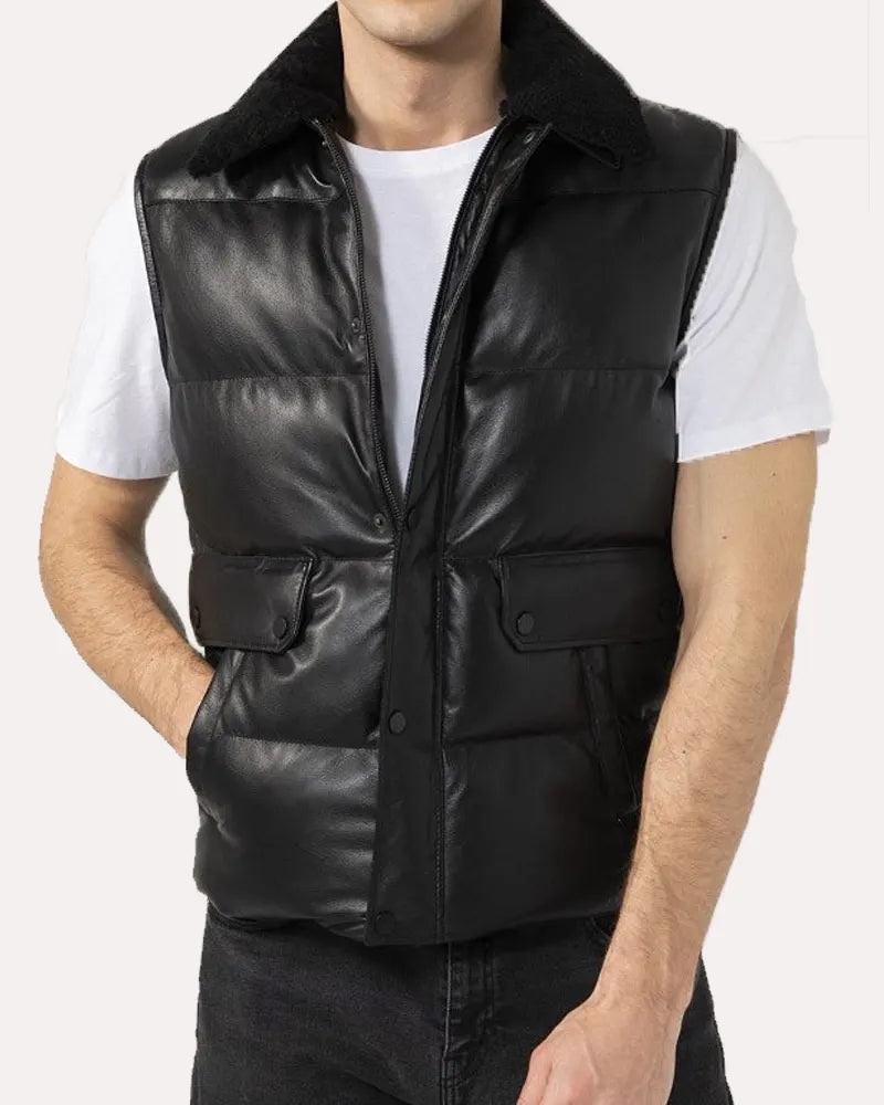 Mens Black Leather Puffer Vest