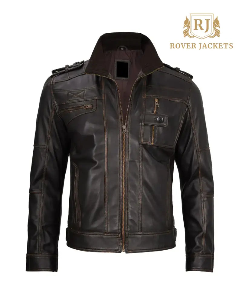 Mens Ruboff Dark Brown Leather Biker Jacket