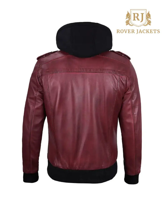 Mens Maroon Leather Jacket with Removable Hood