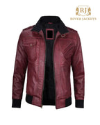 Mens Maroon Leather Jacket with Removable Hood