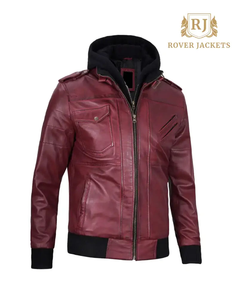 Mens Maroon Leather Jacket with Removable Hood