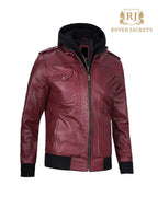 Mens Maroon Leather Jacket with Removable Hood