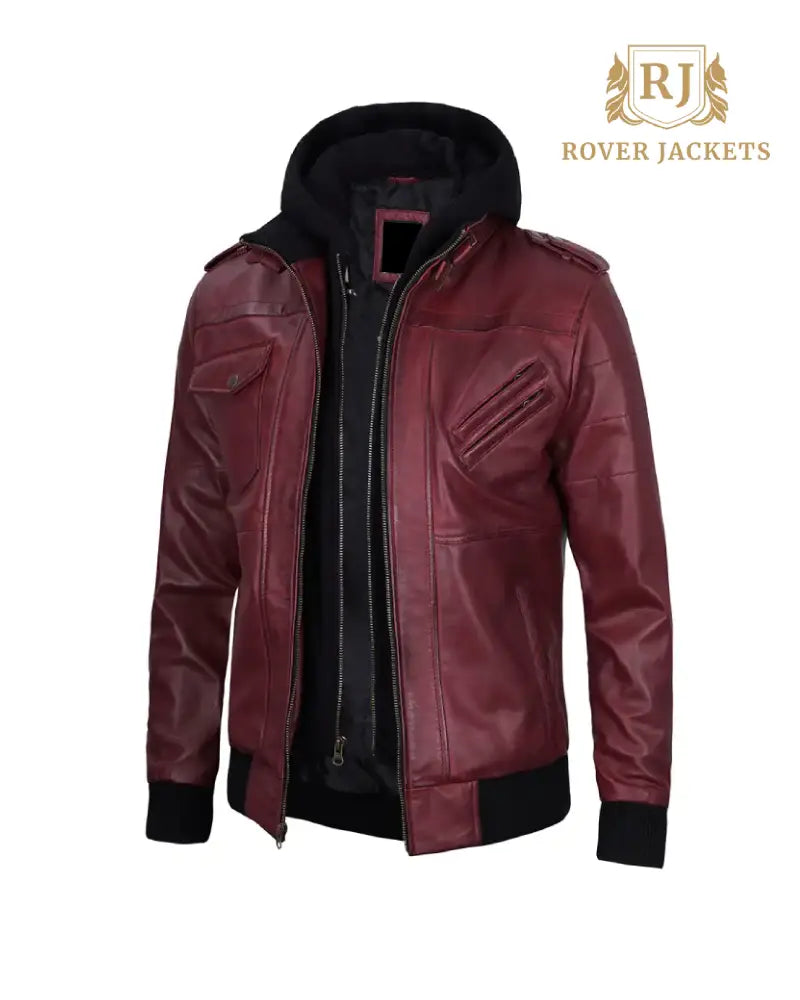 Mens Maroon Leather Jacket with Removable Hood