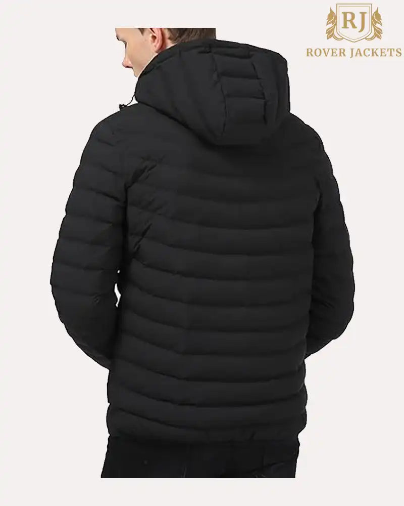 Mens Plain Black Hooded Padded Quilted Puffer Jacket Spindle