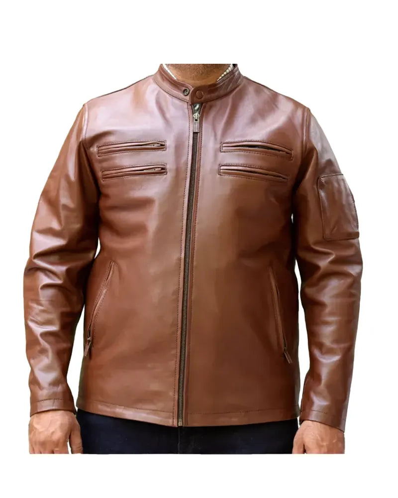 Mens Plain Leather Jacket In Brown