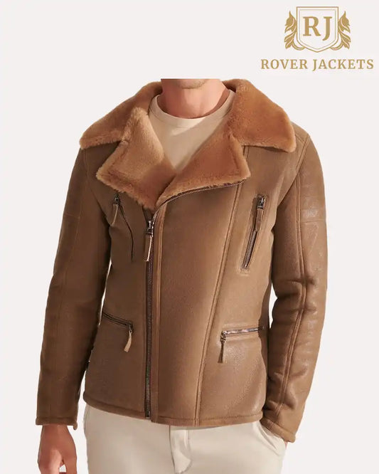 Mens Soft Tan Shearling Leather Jacket