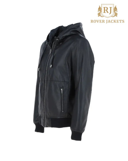 Mens Super Bomber Leather Black Hodded Jacket