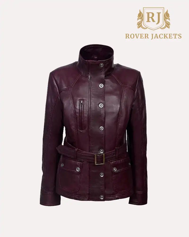 Military Style Cherry Plum Slim Fit Leather Jacket for Women