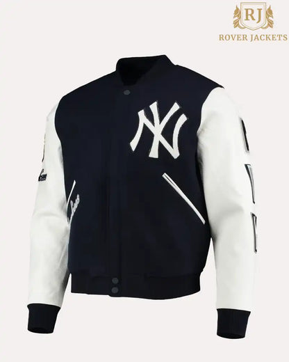 New York Yankees Logo Blended Varsity Full Snap Wool Leather Jacket