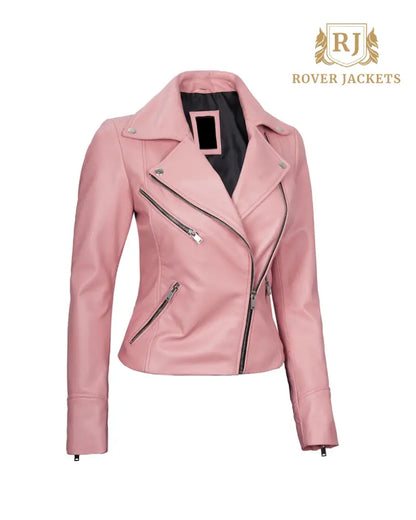 Ninfa Women Moto Style Real Leather Pink Jacket