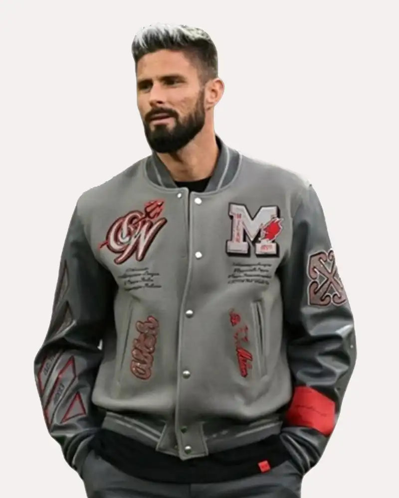 Off White X Ac Milan Grey Wool Varsity Jacket With Leather Sleeves