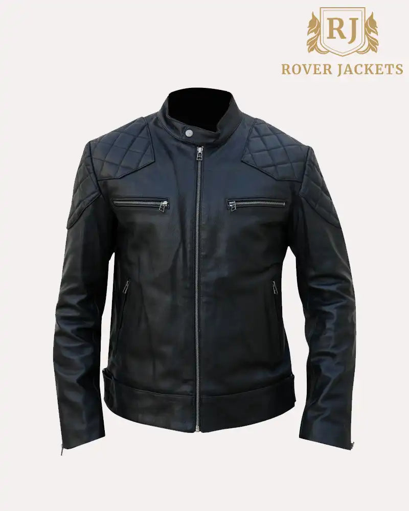 Quilted Black Bomber Leather Jacket With diamond Shoulder