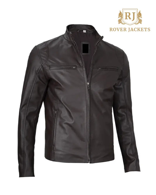 Mens Dark Brown Cowhide Cafe Racer Leather Jacket