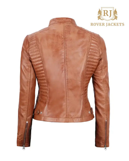 Rachel Womens Tan Slim Fit Cafe Racer Leather Jacket - Limited Stock