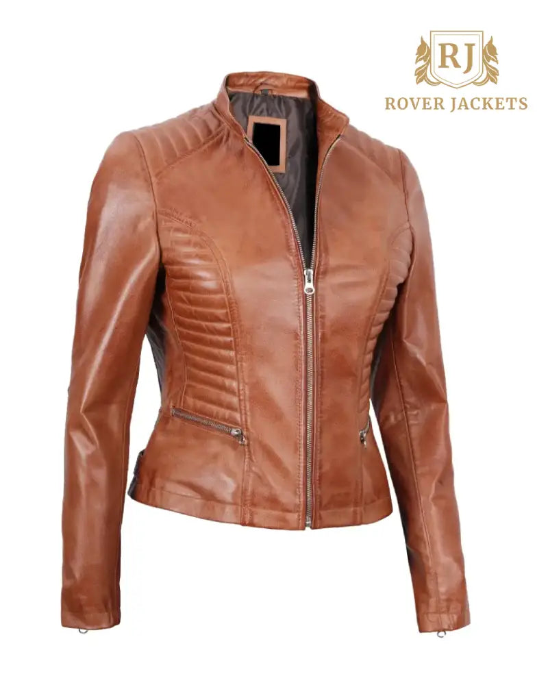 Rachel Womens Tan Slim Fit Cafe Racer Leather Jacket - Limited Stock