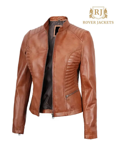 Rachel Womens Tan Slim Fit Cafe Racer Leather Jacket - Limited Stock